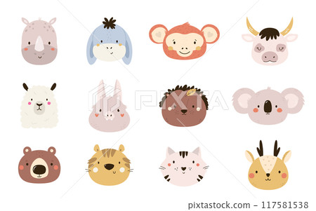 Set of hand drawn animal portraits, clip arts. Vector illustration of rhino, bear, tiger, koala Set of hand drawn animal portraits, clip arts. Vector illustration of rhino, bear, tiger, koala 117581538