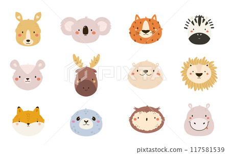 Set of hand drawn animal portraits, clip arts. Vector illustration of kangaroo, koala, zebra, fox Set of hand drawn animal portraits, clip arts. Vector illustration of kangaroo, koala, zebra, fox 117581539