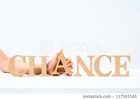 Wooden alphabet blocks arranged to spell out "CHANCE" 117581580