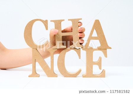 Wooden alphabet blocks arranged to spell out "CHANCE" 117581582