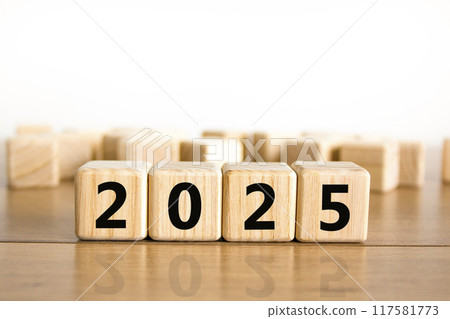 Business concept of 2025 new year symbol. Beautiful wooden cubes with number 2025 Happy new year. Beautiful wooden table white background, copy space. Business 2025 happy new year concept. 117581773