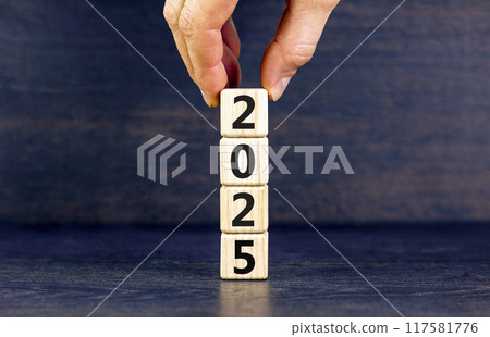 Business concept of 2025 new year symbol. Beautiful wooden cubes with number 2025 Happy new year. Businessman hand. Beautiful black background, copy space. Business 2025 happy new year concept. 117581776