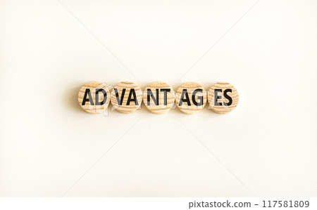 Advantages symbol. Concept word Advantages on beautiful wooden circles. Beautiful white background. Business advantages concept. Copy space. Advantages symbol. Concept word Advantages on beautiful wooden circles. Beautiful white background. Business advantages concept. Copy space. 117581809