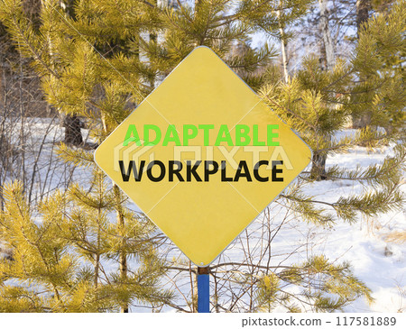 Adaptable workplace symbol. Concept words Adaptable workplace on beautiful yellow road sign. Beautiful forest trees snow background. Business Adaptable workplace concept. Copy space. 117581889
