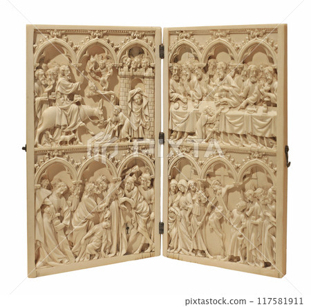 Ivory Diptych Scenes from Christ Passion isolated on white background, Carved in France, about 1350 117581911