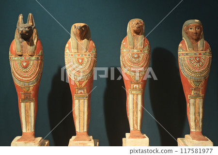 Egyptian wooden painted status for the four sons of Horus cover, late period Ptolemaic, plastered and painted wood Egyptian wooden painted status for the four sons of Horus cover, late period Ptolemaic, plastered and painted wood 117581977