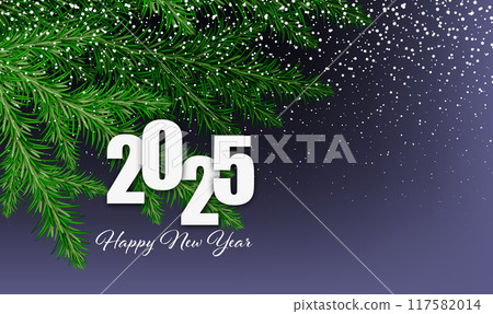 New Year card, poster, banner 2025, festive design with Christmas tree branch 117582014