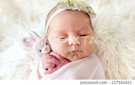 Adorable Newborn Baby Wrapped In A Blanket Holding A Knitted Toy Adorable Newborn Baby Wrapped In A Blanket Holding A Knitted Toy 117582031