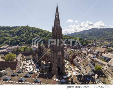 Freiburg im Breisgau, Germany at Sunrise. Aerial Drone Shot on Freiburger Dom Cathedral. 4k Drohne Footage 117582089