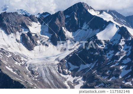 highlands landscape, massive glacier in a cirque valley of a mountain range 117582146
