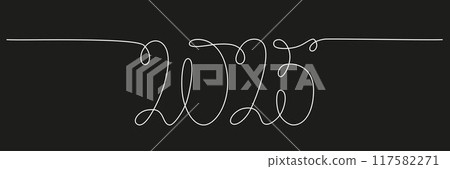 Decoration continuous line hand drawing sign for 2025 year calendar. Vector stock illustration minimalism design isolated on black chalkboard background. Editable stroke single line. EPS10 117582271