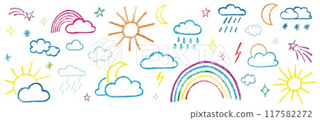 Chalk kid cloud weather symbols set. Vector stock illustration isolated on white background for design template travel blog, meteorology forecast. Kit textural crayon hand drawing symbols. EPS 10  117582272