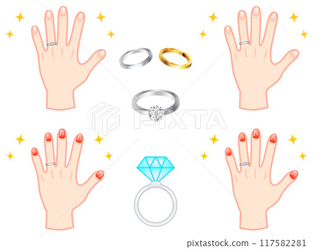 Set of illustration materials of hands and rings wearing beautiful wedding rings 117582281