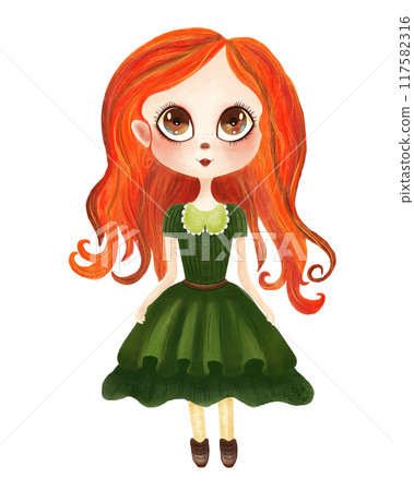 A watercolor illustration of girl with long red hair with big eyes in green dress on transparent background 117582316