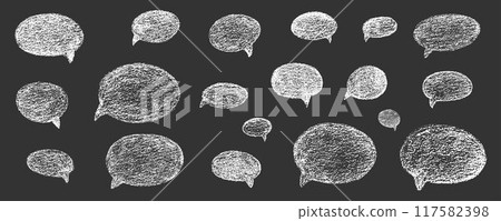 Oval and round chalk, crayon hand drawing speech bubble set. Vector stock grunge texture illustration on black chalkboard background for design template business presentation, school education. EPS 10 117582398