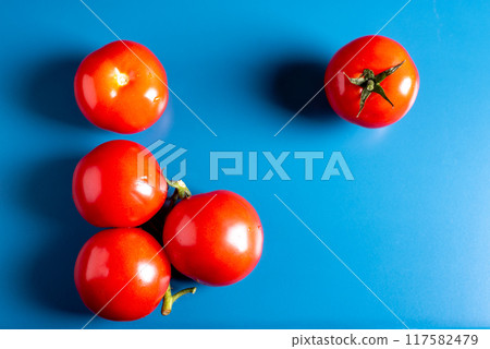 organic ripe vegetables red tomatoes on blue background 117582479