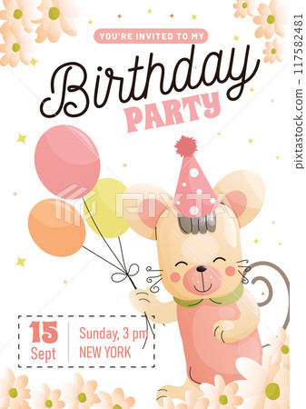 Childrens birthday invitation with a cute mouse holding festive balls in its paws among summer flowers. Vector 117582481
