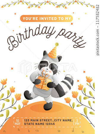 Childrens birthday invitation with a cute raccoon carrying a festive gift on a white background. Vector 117582482