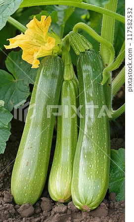 A plethora of zucchinis growing on a plant along with a flower 117582532