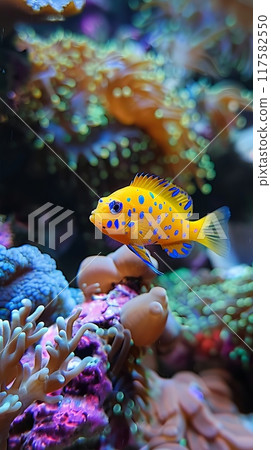 A yellow and blue fish swims in a vibrant coral reef 117582550