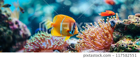 In a coral reef, a clown fish swims beside a sea anemone underwater 117582551