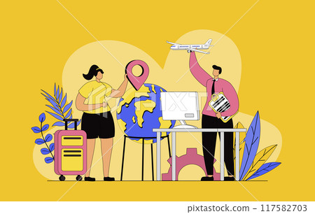 Travel agency concept with modern flat design for web. Woman traveler consulting with tour operator, choosing journey direction for vacation trip and ordering flight tickets. Vector illustration. 117582703