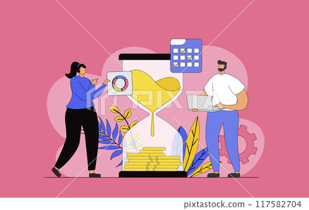 Time management concept with modern flat design for web. Man and woman using schedule with to-do lists, managing productivity process and making work efficiency optimization. Vector illustration. 117582704