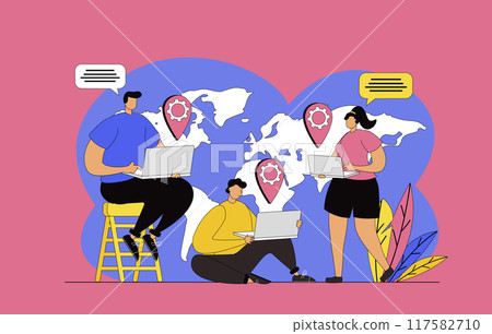 Outsourcing company concept with modern flat design for web. Employees working remotely in team, freelancers team doing tasks at laptops online, cooperating and networking. Vector illustration. 117582710