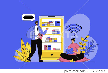 Online library concept with modern flat design for web. Man and woman reading e-books, storing digital books in cloud storage and mobile app, buying textbooks in online bookstore. Vector illustration. Online library concept with modern flat design for web. Man and woman reading e-books, storing digital books in cloud storage and mobile app, buying textbooks in online bookstore. Vector illustration. 117582714
