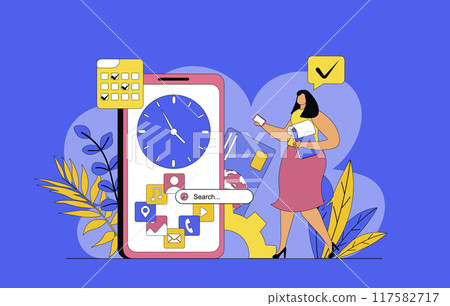 Mobile organizer concept with modern flat design for web. Woman organizes time and tasks in app, marks meetings on calendar, manages files, scheduling work agenda for deadlines. Vector illustration. Mobile organizer concept with modern flat design for web. Woman organizes time and tasks in app, marks meetings on calendar, manages files, scheduling work agenda for deadlines. Vector illustration. 117582717