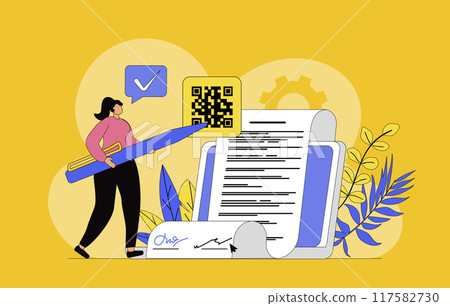 Electronic contract concept with modern flat design for web. Businesswoman signing electronic agreements with digital signature, making business deal online with certificates. Vector illustration. 117582730