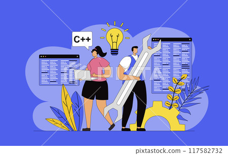 Developers team concept with modern flat design for web. Man and woman developing application site interface, programming and coding at screens, engineering and brainstorming. Vector illustration. 117582732