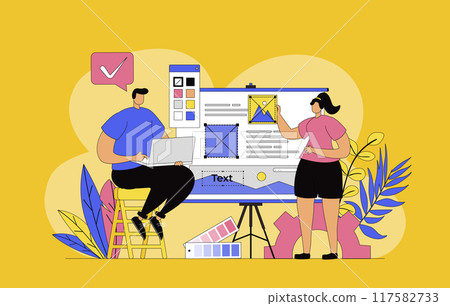 Designers agency concept with modern flat design for web. Man and woman working on creative project, making graphics content and site layout elements, optimizating visual page. Vector illustration. 117582733