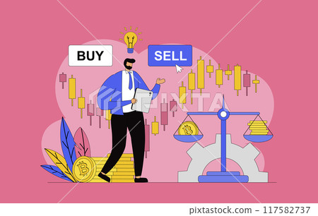 Cryptocurrency marketplace concept with modern flat design for web. Man buying and selling digital money on crypto exchange, investing in bitcoins and other virtual coins. Vector illustration. 117582737