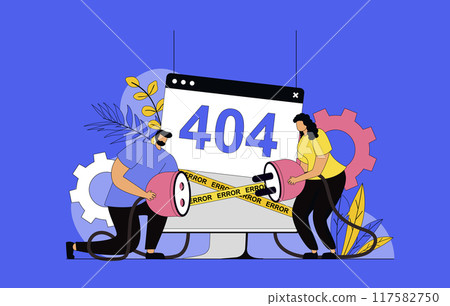 404 error page concept with modern flat design for web. Technical support solving problem with connection, making improvement for fixing internet signal crash, server disconnect. Vector illustration. 404 error page concept with modern flat design for web. Technical support solving problem with connection, making improvement for fixing internet signal crash, server disconnect. Vector illustration. 117582750
