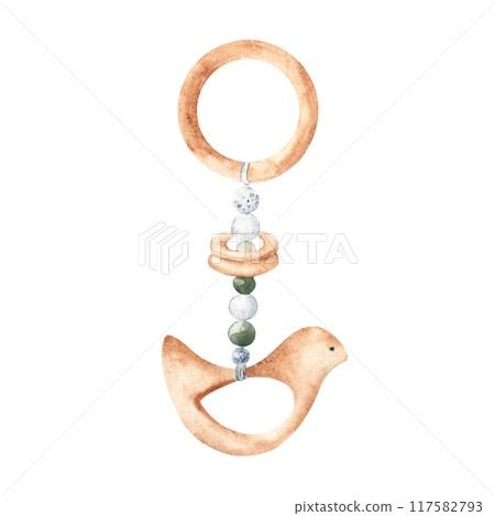 Baby Teething Toy made of wooden Bird, rings and beads. Hand painted watercolor illustration of chew eco toy in delicate blue, green and beige tones. Perfect for newborn baby shower invitations 117582793