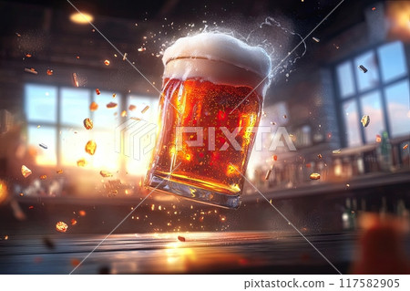 Beer glass flying in the air illustration 117582905