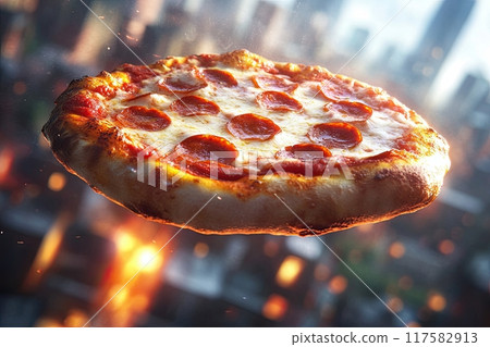 flying smiling new York pizza 117582913