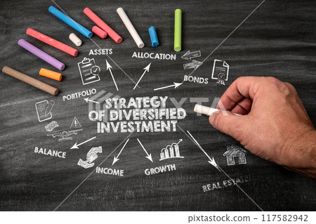 Strategy of diversified investment. Black scratched textured chalkboard background 117582942