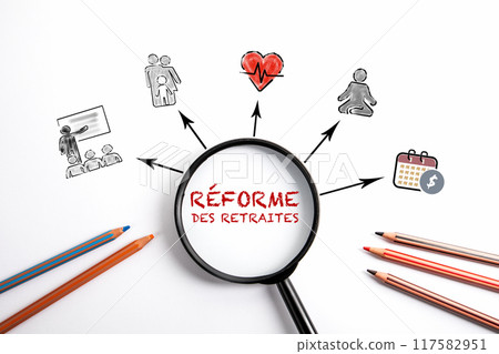PENSION REFORM in French. Black magnifying glass on a white background PENSION REFORM in French. Black magnifying glass on a white background 117582951