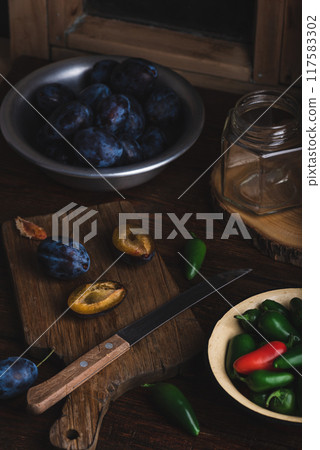 Plum and Jalapeno for Preparing Hot Jelly 117583302