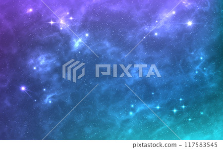Nebula background. Realistic cosmos wallpaper. Bright glowing stars. Beautiful starry universe. Sparkling space dust and clouds. Fantasy cosmic texture. Vector illustration 117583545