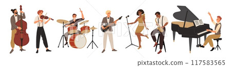 Cartoon jazz musicians. Professional music band. People play instruments and sing. Man at piano. Woman with microphone. Entertainment performance. Guitar and saxophone. Garish vector set 117583565
