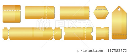 Gold ticket templates. Blank admission vip passes. Empty mockups coupons with perforation. Circus or theatre entry labels. Film and festival access voucher. Concert flyers vector set 117583572