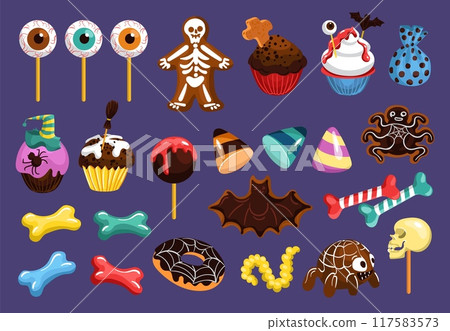Halloween cupcakes and candies. Spooky holiday sweets. Creepy decorated muffins and cookies. Lollipops in eye form. Yummy chocolate bats. Sugar skulls and ghosts. Splendid vector set 117583573