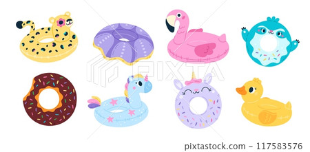 Inflatable rings. Funny floating pool toys. Summer rubber circles. Swimming accessories. Beach vacation. Leopard and duckling shapes. Lifebuoy unicorn. Children buoy. Garish vector set 117583576