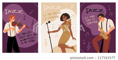 Jazz music cards. Musicians perform songs and melodies. Violinist playing. Blues singer. Vocalist and saxophonist performance. Musical festival show. Concert posters. Garish vector set 117583577