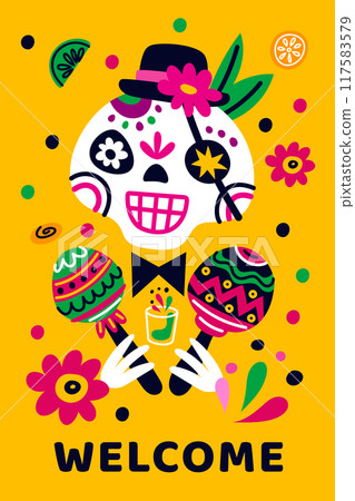 Mexican holiday. Death party poster. Day of dead. Mexico traditional festival. Muertos carnival. Sugar skulls. Fruits and flowers. Hispanic celebration. Vector cartoon greeting card Mexican holiday. Death party poster. Day of dead. Mexico traditional festival. Muertos carnival. Sugar skulls. Fruits and flowers. Hispanic celebration. Vector cartoon greeting card 117583579