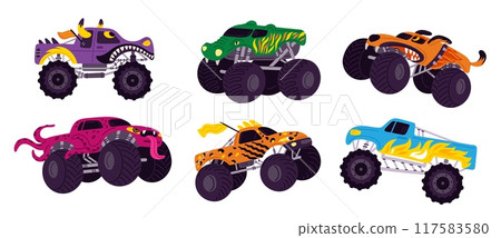 Monster trucks. Brightly colored all terrain vehicles. Entertainment show. Aggressive jeeps. Extreme obstacles overcoming. Automobiles race. Car speed rally drive. Garish vector set Monster trucks. Brightly colored all terrain vehicles. Entertainment show. Aggressive jeeps. Extreme obstacles overcoming. Automobiles race. Car speed rally drive. Garish vector set 117583580