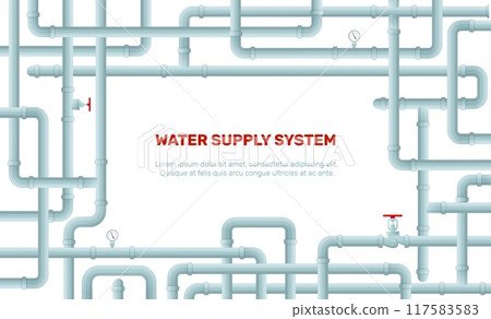 Plastic pipes frame. Water supply system. Faucet valves and pressure sensors. Curved tubes maze. Plumbing equipment. Sewerage repair. Intertwined pipeline border. Vector background 117583583